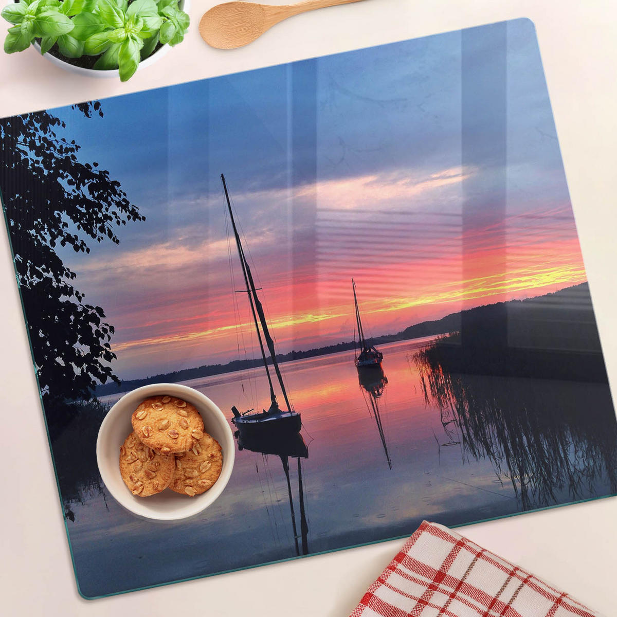 GLASPLATTE 60x52 cm Segelboote Sonne - Orange, Glas (60/0.4/52cm) - TULUP
