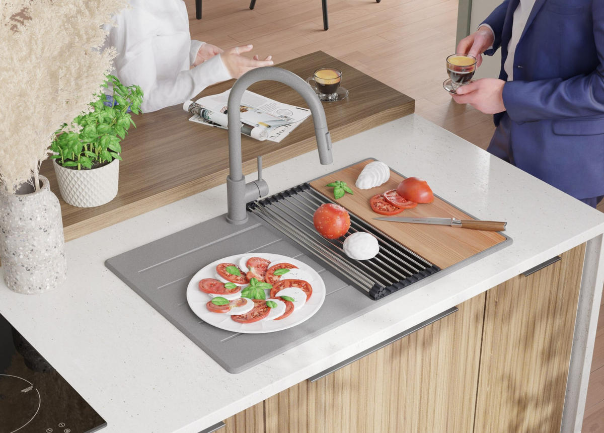 SPÜLBECKEN Kopenhagen, 2-er set Grau 78/50 cm 1 Becken + Ablauf-Set + Schneidebrett ab 50er Unterschrank - Chromfarben/Beige, Kunststoff (78/20/50cm) - Primagran