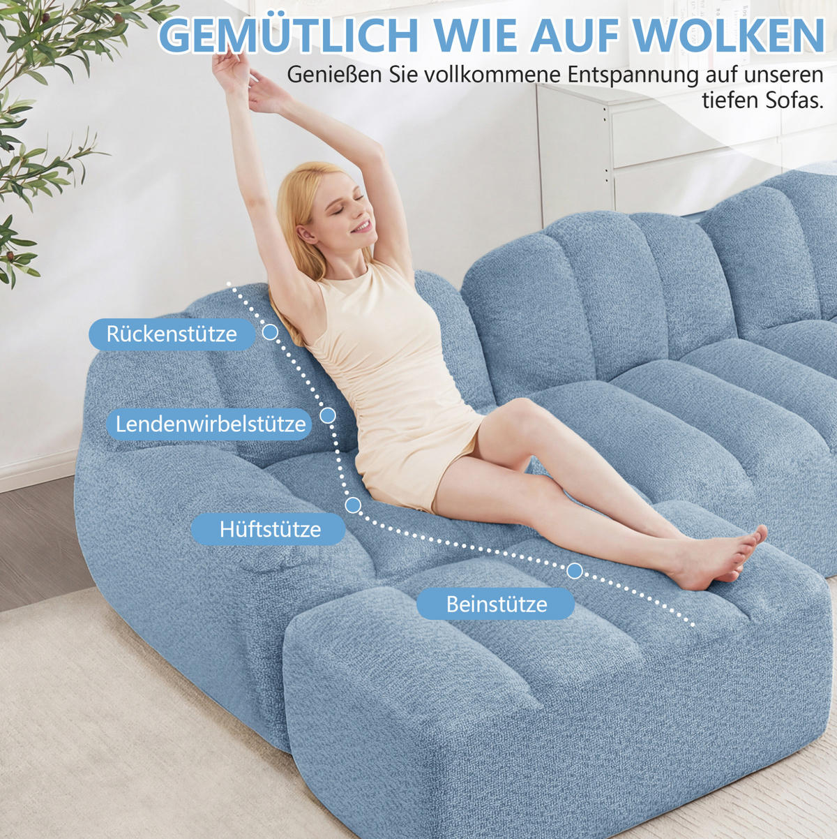 MODULARES Ecksofa mit 3 Sitzplätzen aus granuliertem Fleece in Blau 288x165x79 cm mit 2 Ottomanen - Blau, Textil (165/288cm) - IVMEU