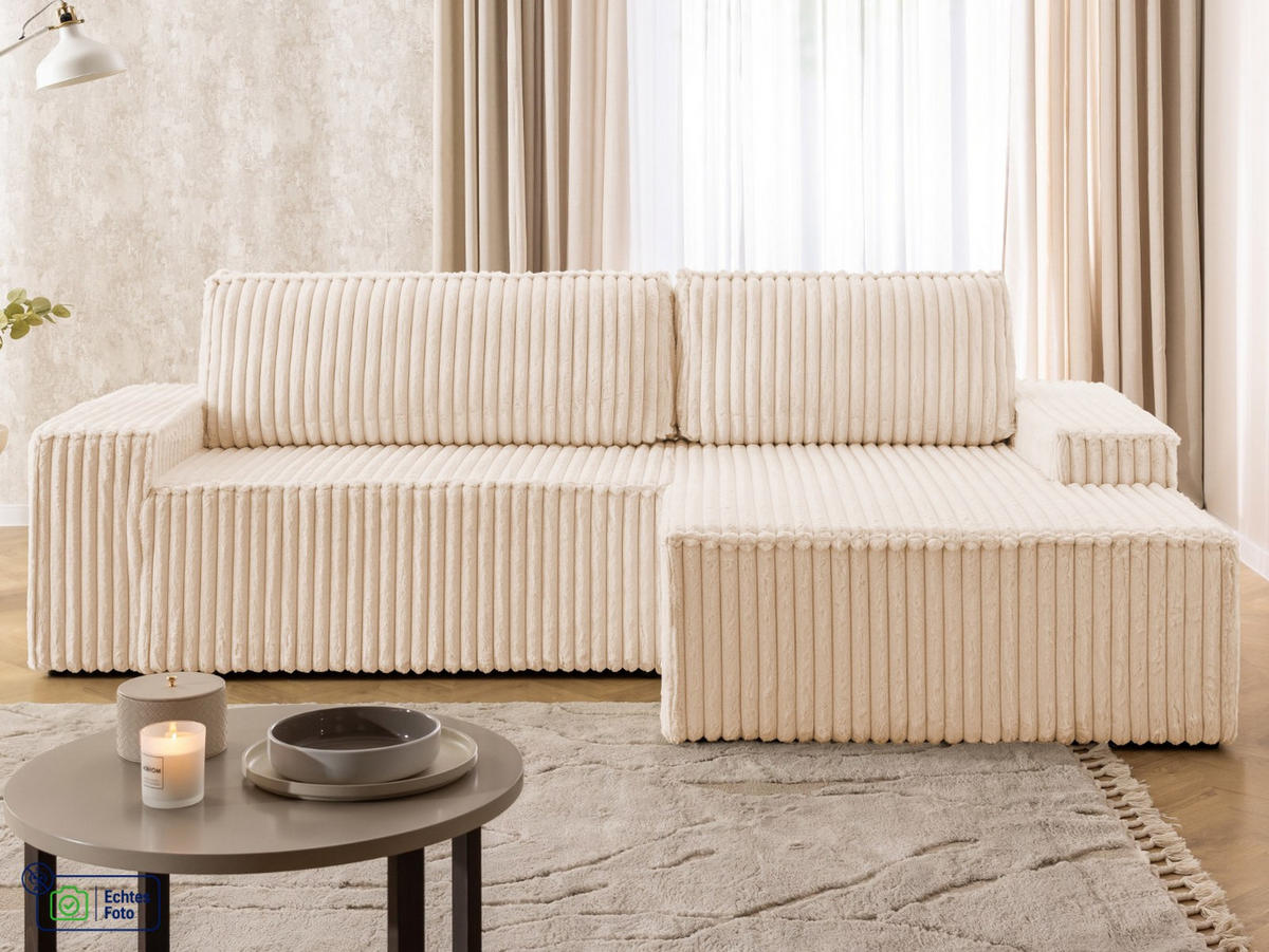 ECKSOFA Rivio mit Schlaffunktion und Bettkasten, Plüschcord Hellbeige - Beige/Schwarz, Holz/Kunststoff (262/149cm) - S-Style