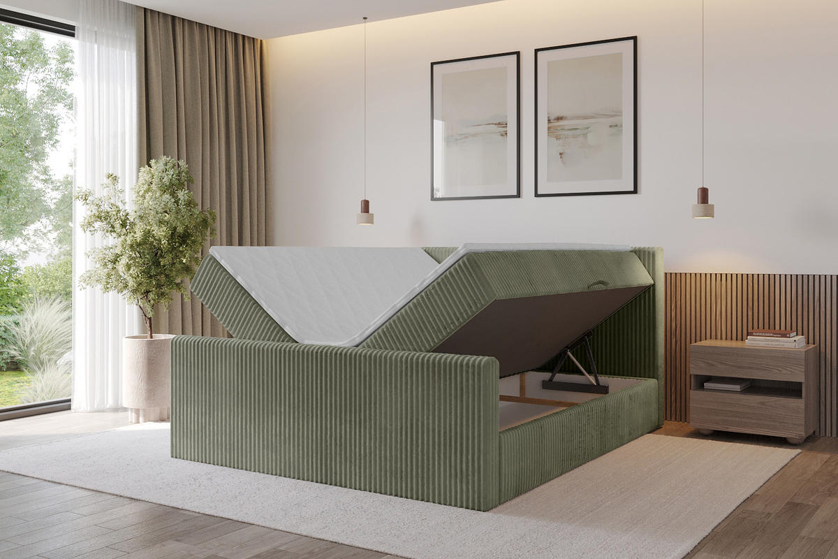 BOXBETT mit Matratze H3 und Lattenrost - TOLO-Z - 200x200 Cord - Olive - Olivgrün, Holzwerkstoff (200/200cm) - ALTDECOR