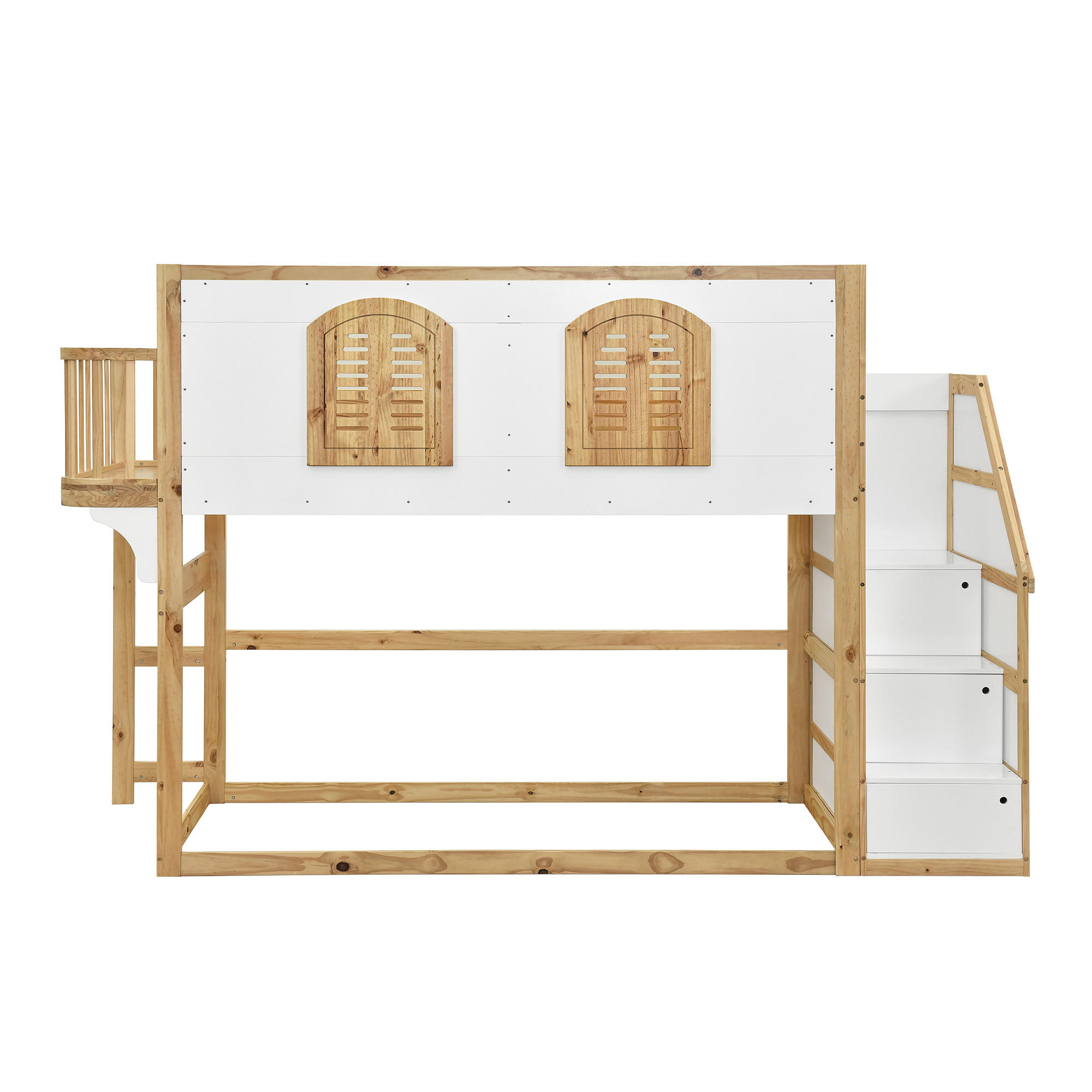 KINDERBETT Weiß und Natur Liegefläche 90/200 cm, Hochbett mit Treppenschrank, Spielfläche, Lattenrost - Naturfarben, Holz (90/200cm) - PANGIVO
