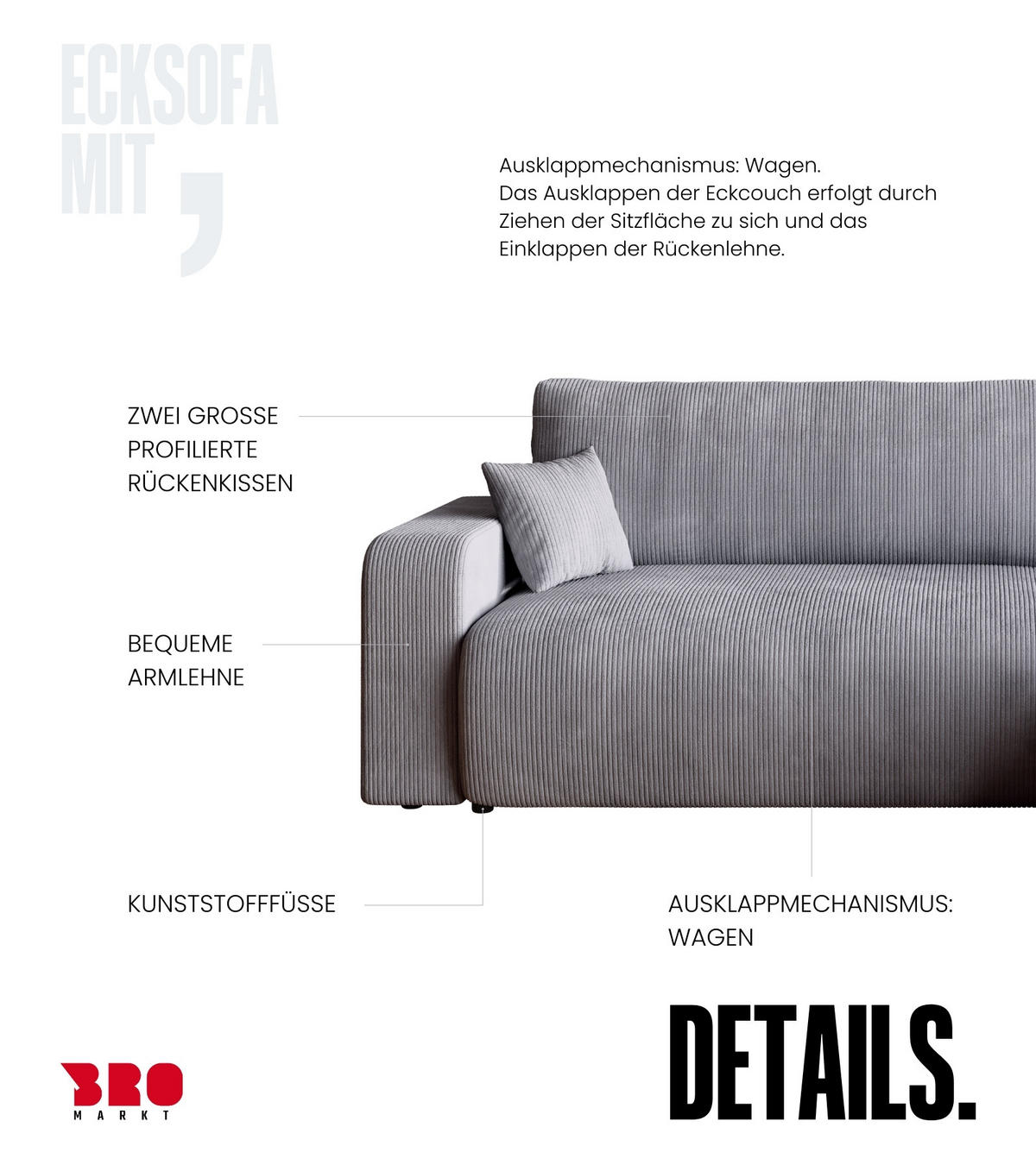 ECKSOFA PUMI mit Schlaffunktion Hellgrau Cord - Hellgrau, Textil (244/148cm) - Bromarkt