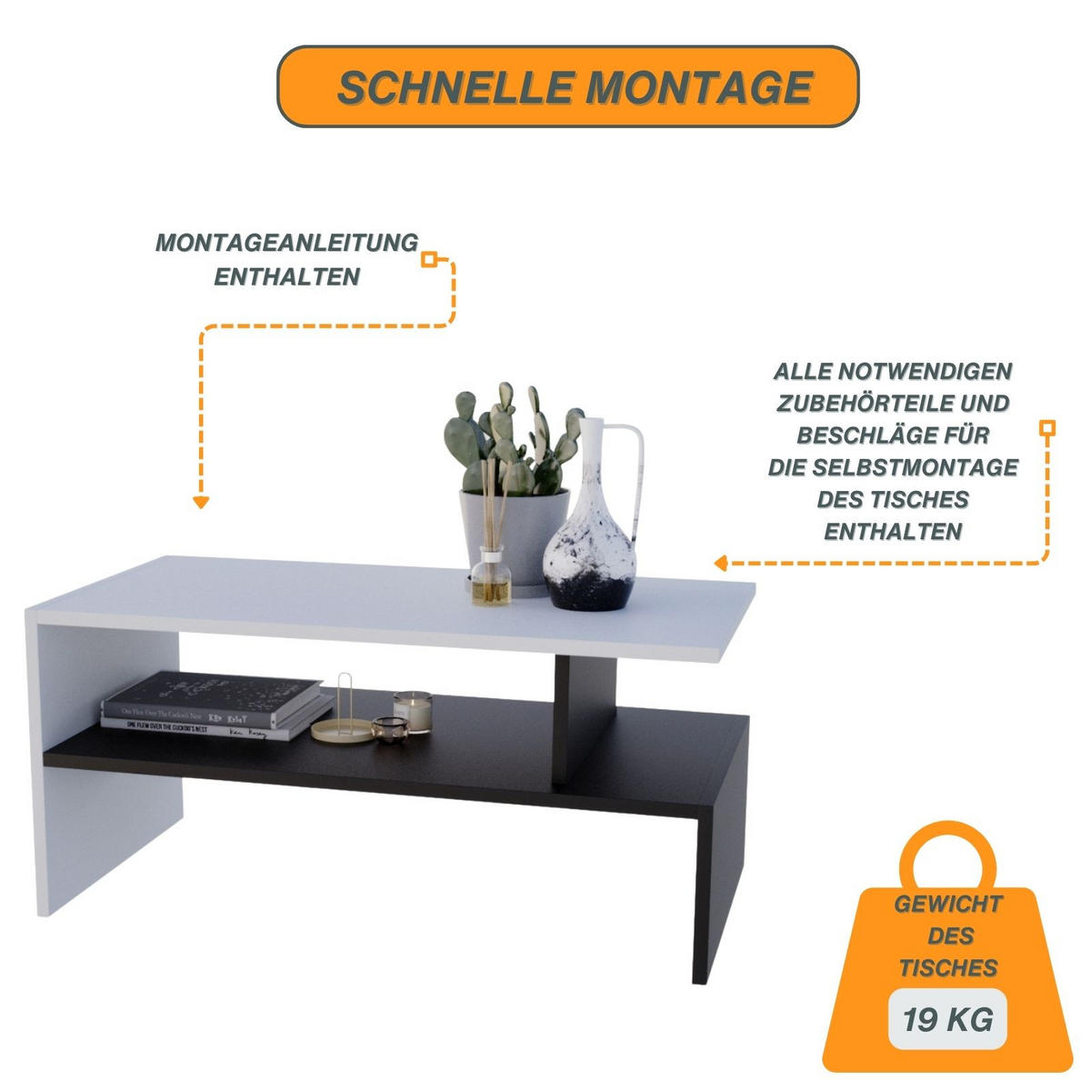 COUCHTISCH Holzwerkstoff rechteckig stabil Weiß 50/45/93cm - Schwarz/Weiß, Holzwerkstoff (50/93/45cm) - CraftPAK