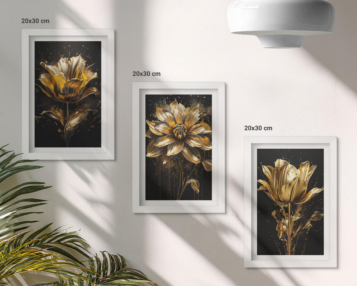 BILDER SET 3er Set - 20x30 cm Weißer Rahmen - Gelbe Blüten auf dunklem Hintergrund - Weiß, Kunststoff (20/30cm) - TULUP