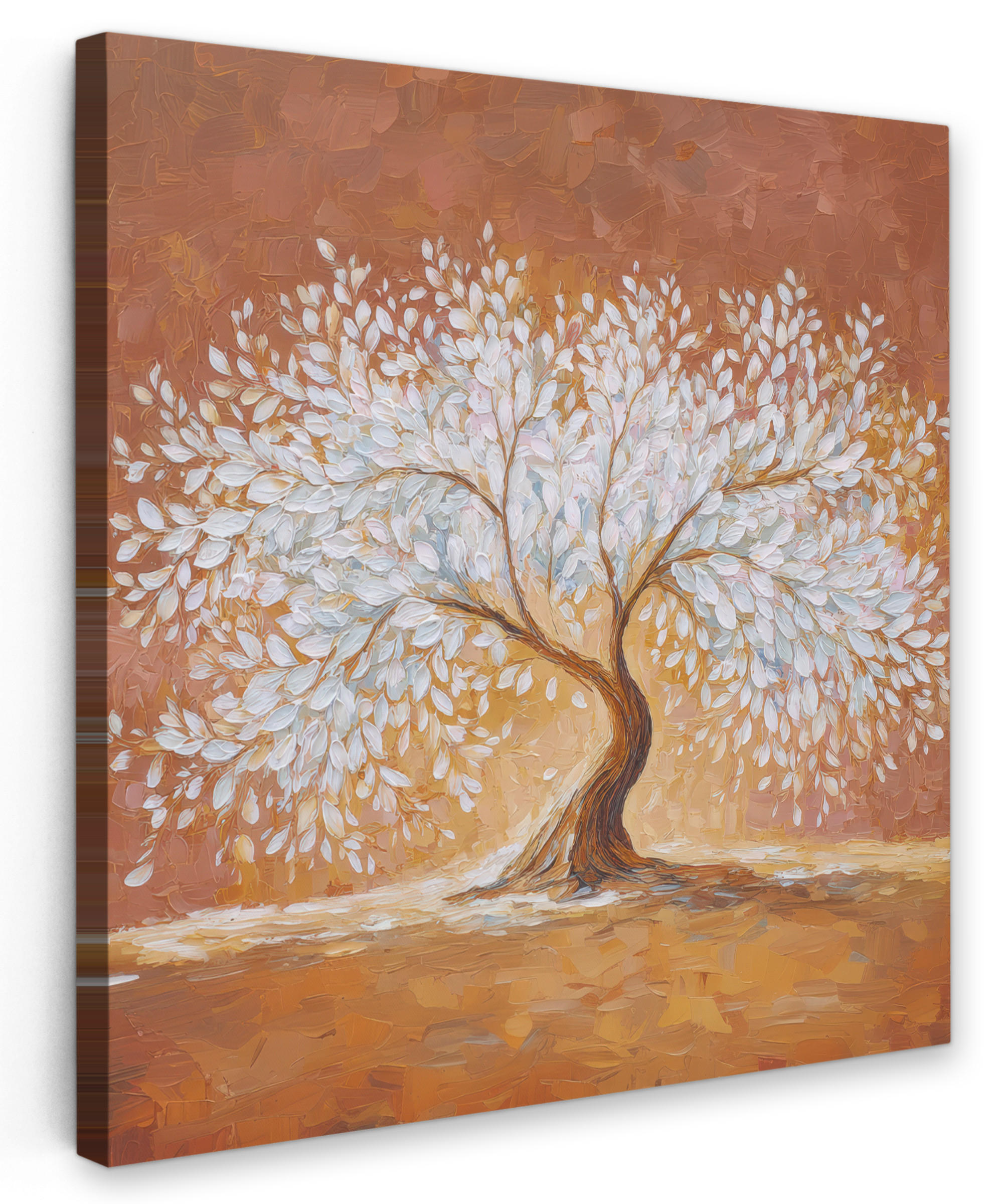 LEINWANDBILD Abstrakt - Baum - Weiß - Blätter Deko Groß 90x90 cm - Braun, Textil (90/90cm) - MuchoWow