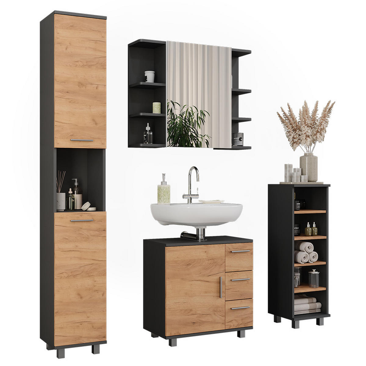 BADMÖBEL-SET Ilias Anthrazit/Goldkraft Eiche 4 Teile - Honigeiche/Anthrazit, Holzwerkstoff (60.2/60.8/33cm) - Vicco