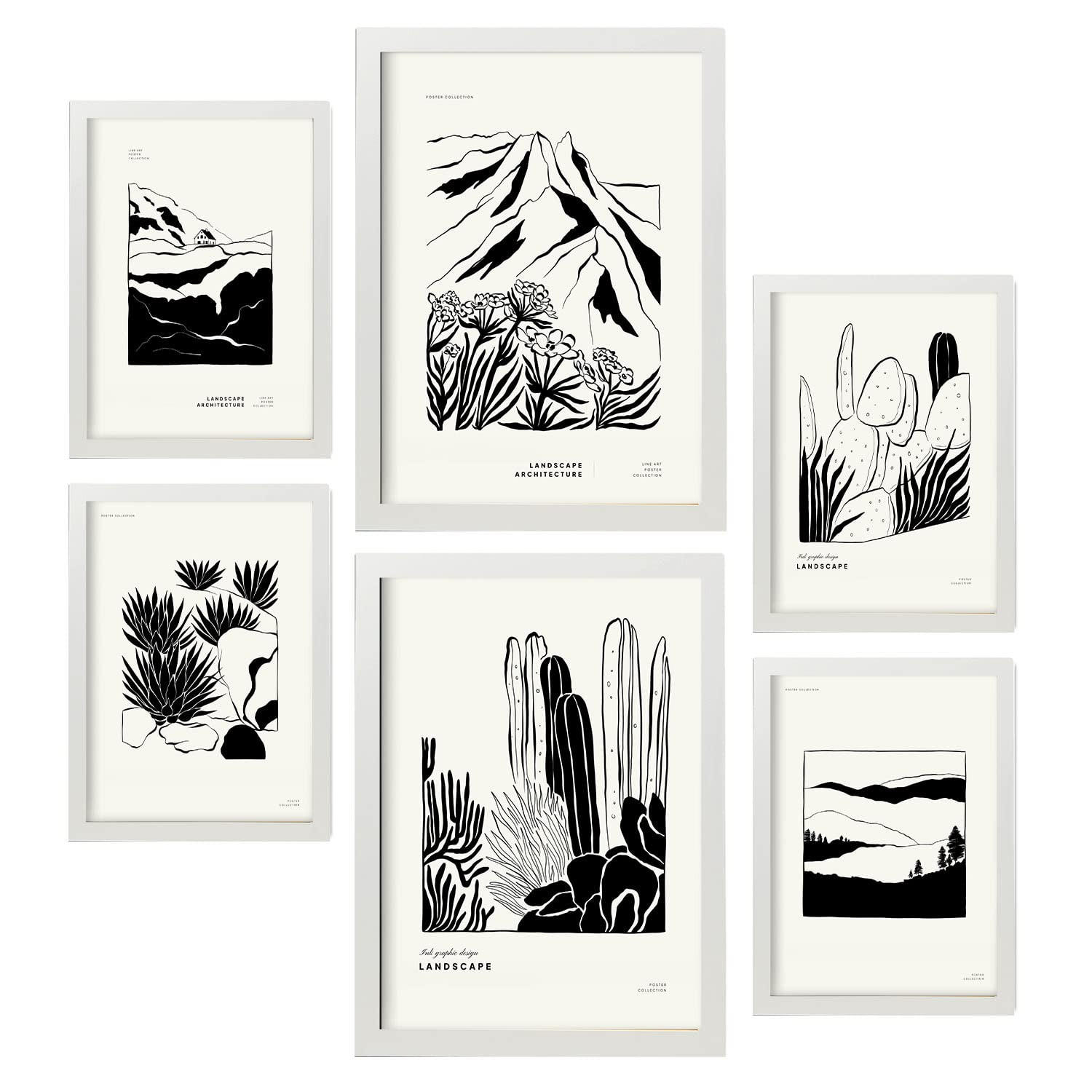 POSTER Set Mit 6 In Schwarzer Tinte Ecken Künstlerische Und Abstrakte Drucke Für Innenarchitektur A3 & A4 Weißer Rahmen - Weiß, Papier (29/3cm) - Nacnic