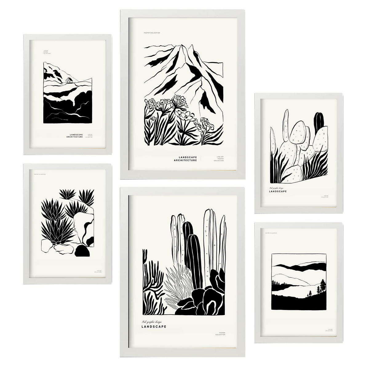 POSTER Set Mit 6 Schwarze Tintenecken Größe A3 & A4 Weißer Rahmen - Weiß, Papier (29.7/1cm) - Nacnic