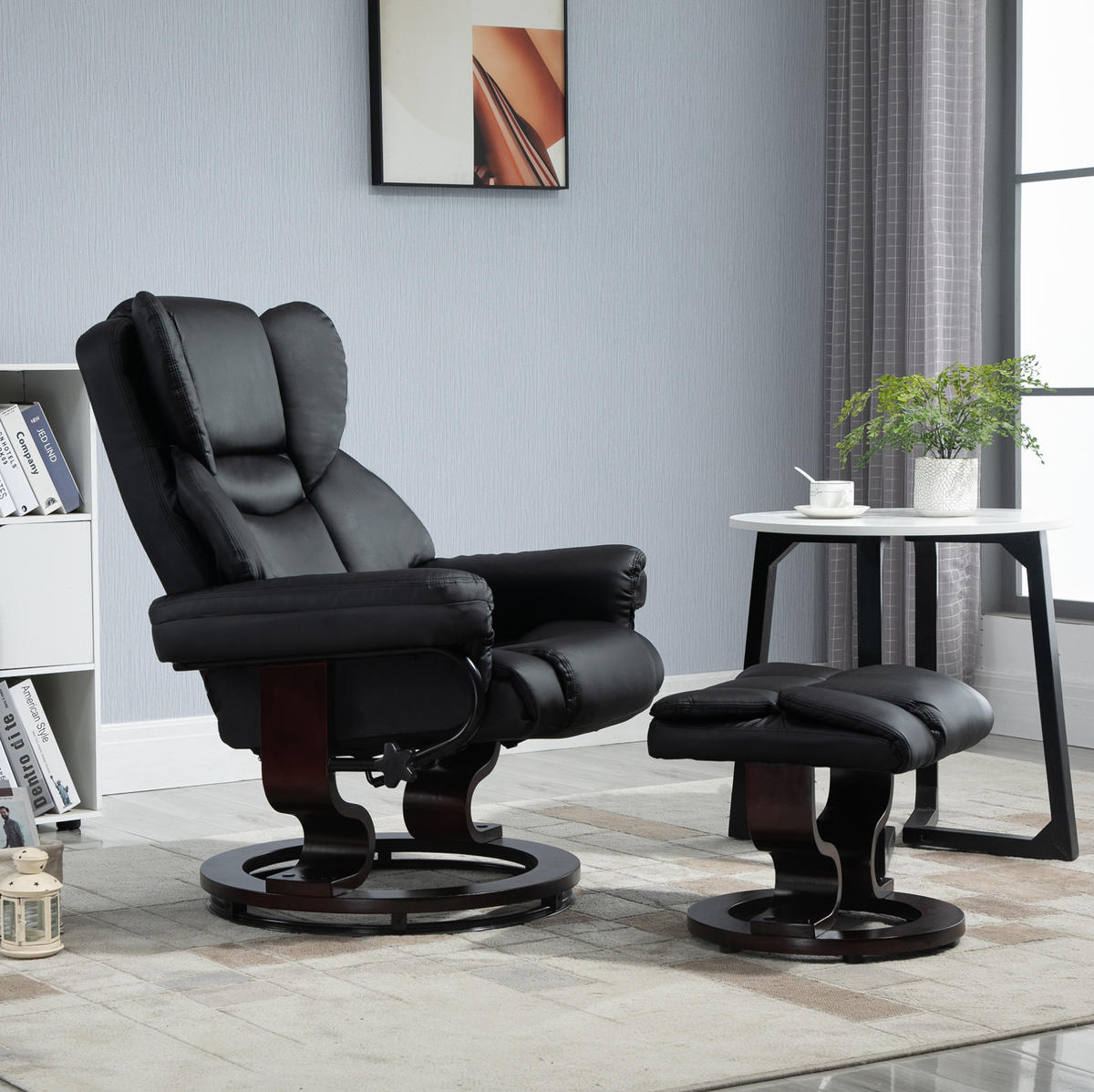 RELAXSESSEL-SET mit Hocker Kunstleder, 360° drehbar 80/79/100 cm Schwarz - Schwarz, Metall (79/100/80cm) - Redom