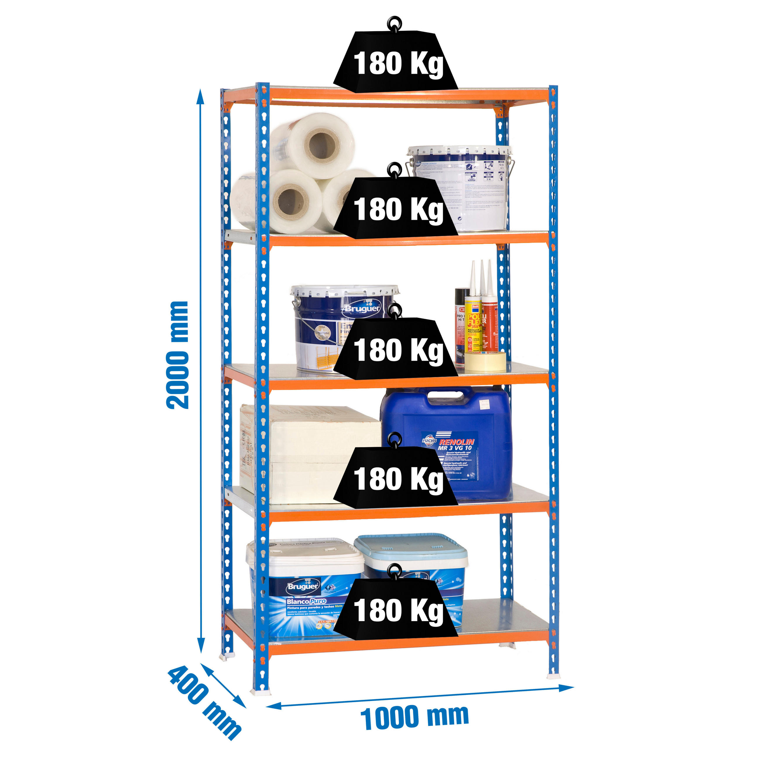 SCHWERLASTREGAL Big Metal Shark HxBxT 200 x 100 x 40 cm Fachlast 180 kg Blau-Orange - Gelb, Metall (100/200/40cm) - PROREGAL