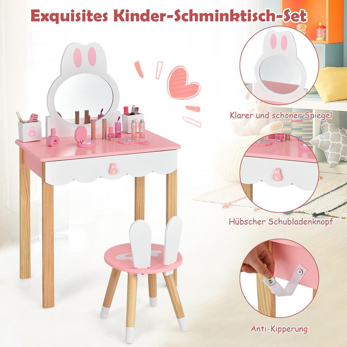 KINDER SCHMINKTISCH mit Hocker Pink - Pink, Holz (34/103/60cm) - COSTWAY