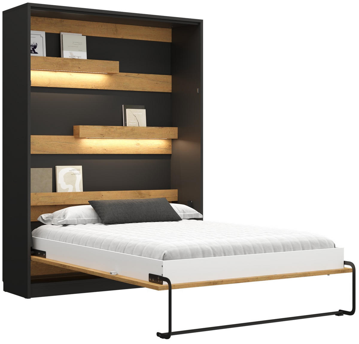 SCHRANKBETT Wandklappbett vetikal GN120x200 mit Schreibtisch und LED - Eiche Lancelot & Schwarz - Schwarz/Braun, Holzwerkstoff (120/200cm) - QMM TraumMöbel
