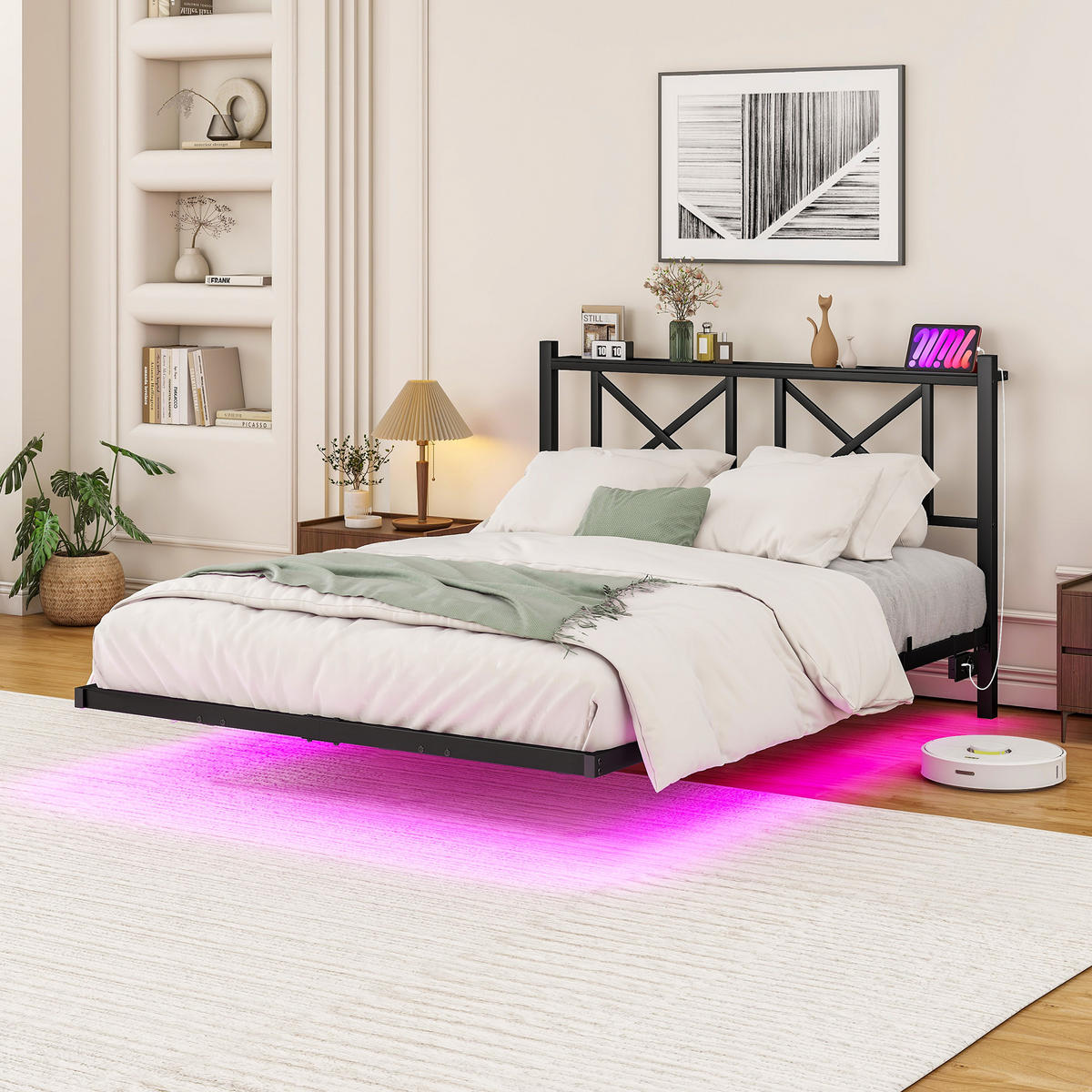 METALLBETT 120x200 cm LED USB Kopfteil - Schwarz, Metall (120/200cm) - Fortuna Lai