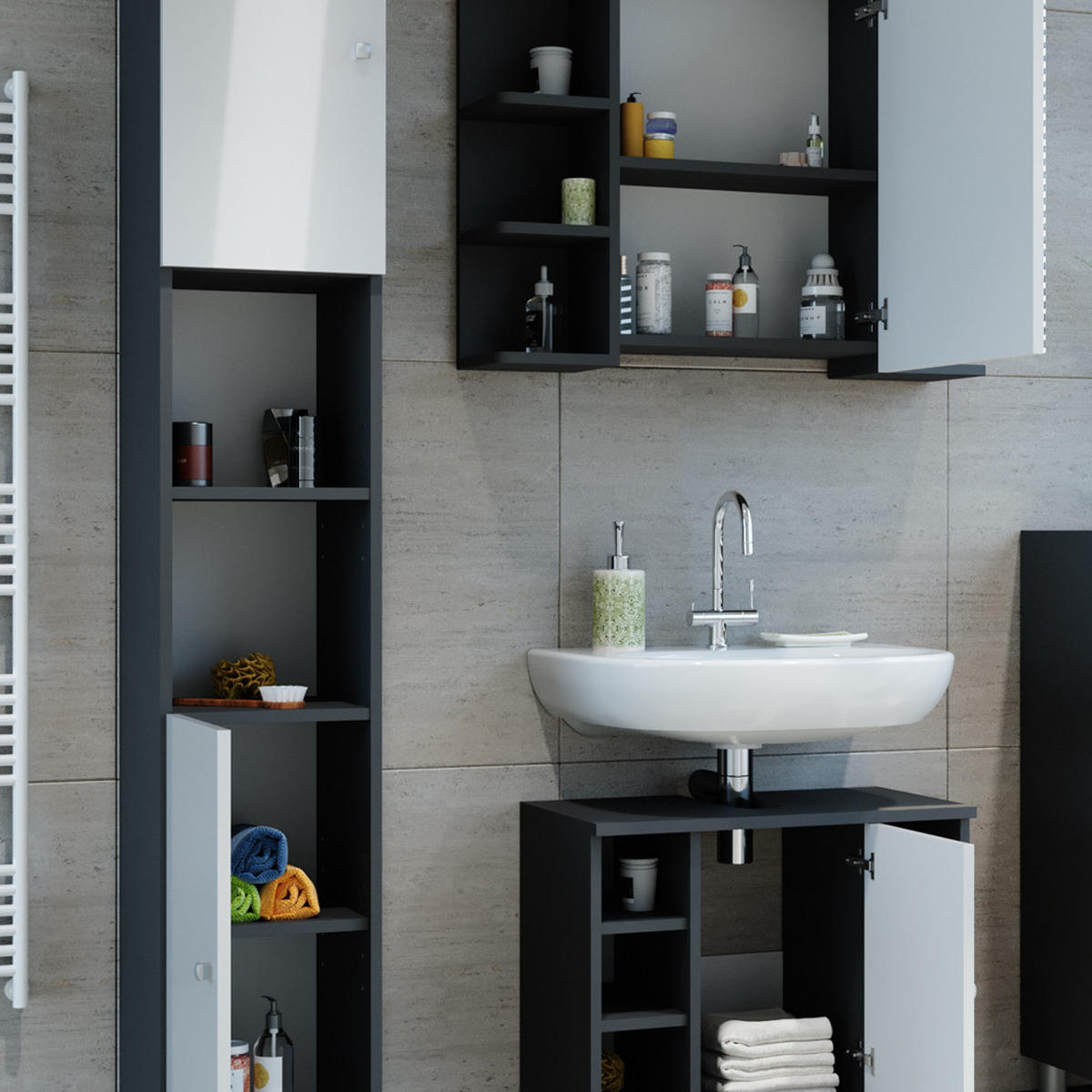 BADMÖBEL-SET Fynn Anthrazit 3 Teile, mit Hochschrank - Weiß Hochglanz/Anthrazit, Holzwerkstoff (60/54/32cm) - Vicco