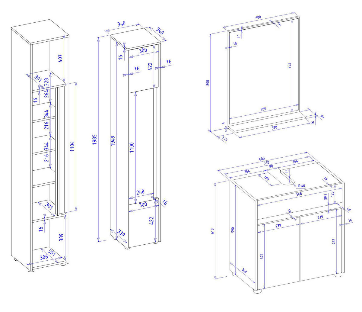 BADMÖBEL-SET 3-teilig grau matt, Wotan Eiche, Badkombination 114 cm - Eiche Wotan/Schwarz, Glas/Holzwerkstoff (116/200/34cm) - Furn.Design