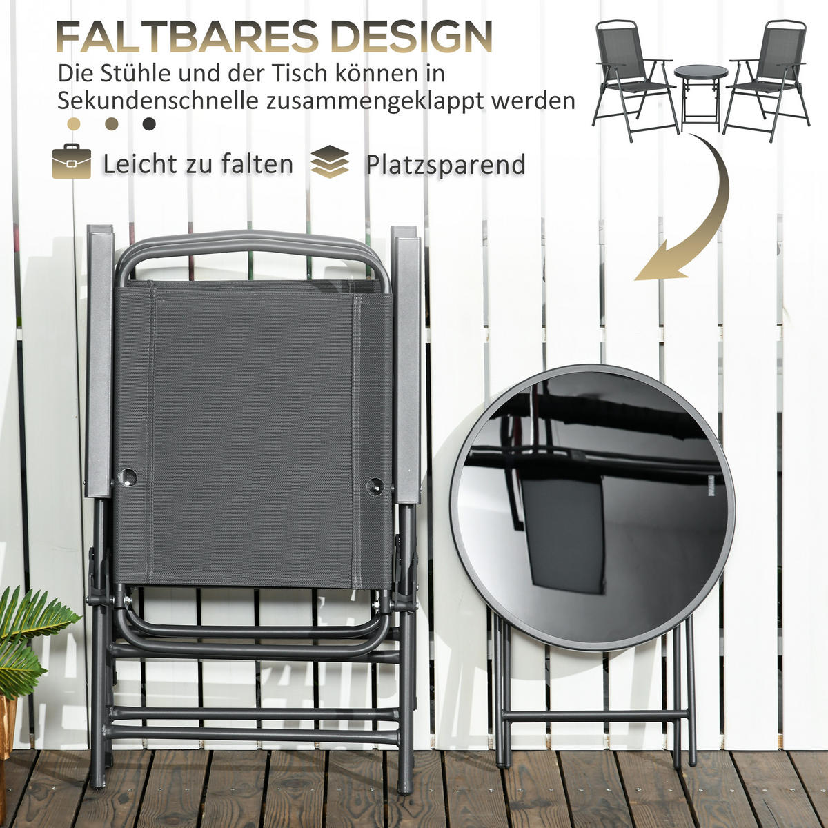 BISTRO-SET DE-07313 3-teilig, klappbar mit Glastisch Dunkelgrau - Dunkelgrau, Metall - ComfortXL