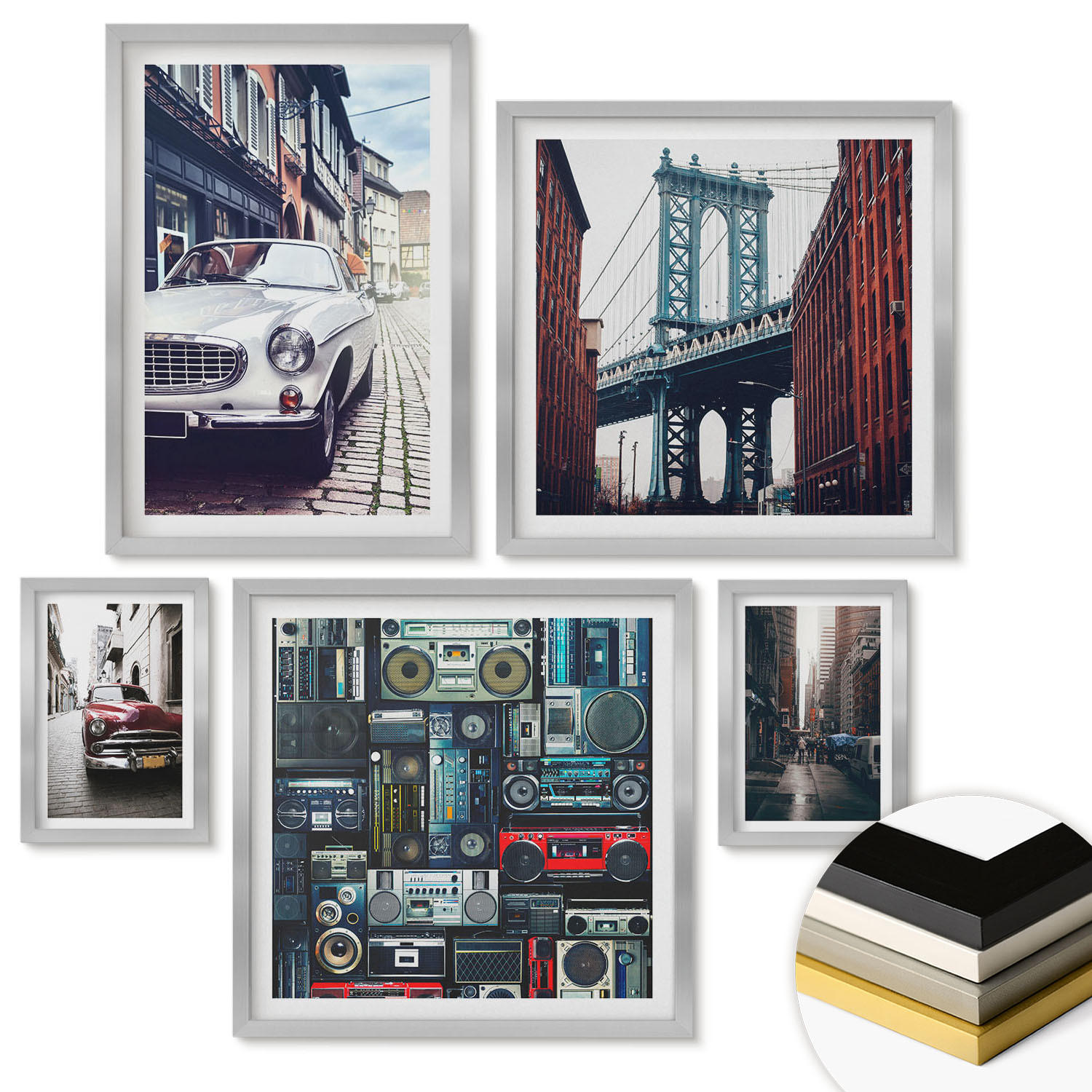 WANDBILDER 5er Set - 50x50 cm & 20x30 cm & 40x60 cm Silberner Rahmen - Old Cars Brooklyn Retro-Audio - Silberfarben, Kunststoff (40/60cm) - ArtPrintCave