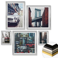 WANDBILDER 5er Set - 50x50 cm & 20x30 cm & 40x60 cm Silberner Rahmen - Old Cars Brooklyn Retro-Audio - Silberfarben, Kunststoff (40/60cm) - ArtPrintCave