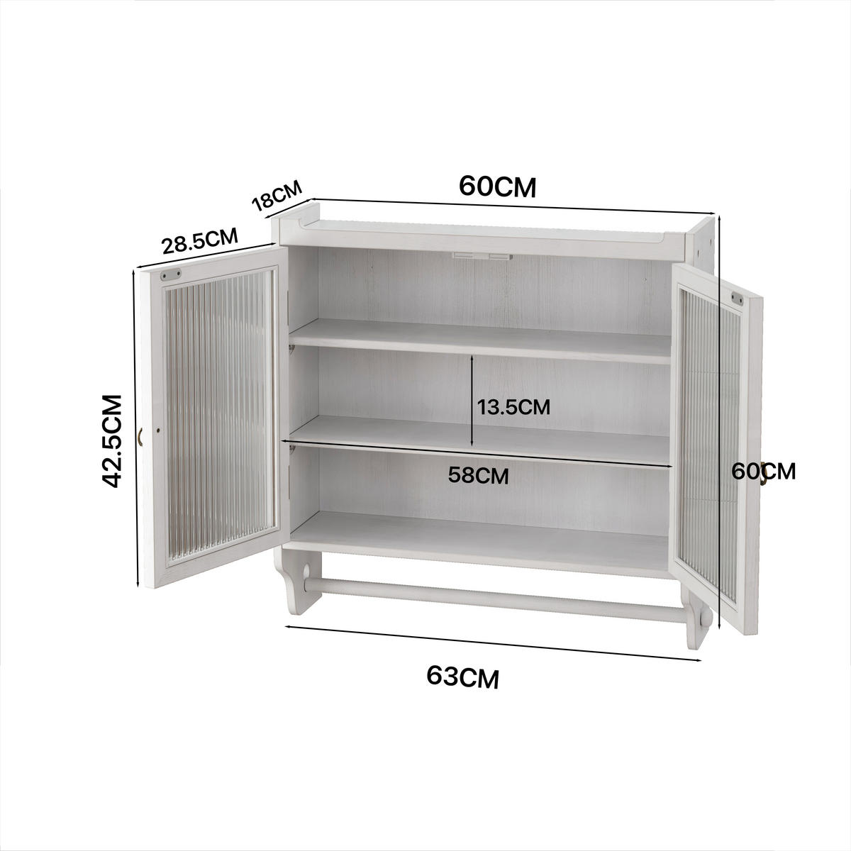 KÜCHENOBERSCHRANK 63x18x60 cm Weiß aus Massivholz & Glas mit 3-stufigem Doppeltürschrank - Weiß, Holz (63/60/18cm) - Modfu