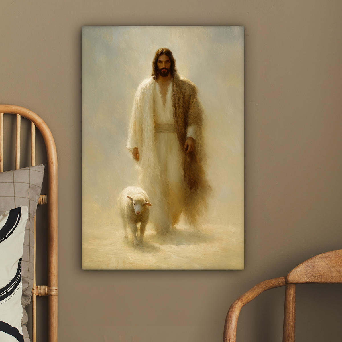 LEINWANDBILD Schaf - Jesus - Pinselstriche - Abstrakt Wanddeko 40x60 cm - Sandfarben, Textil (40/60cm) - MuchoWow