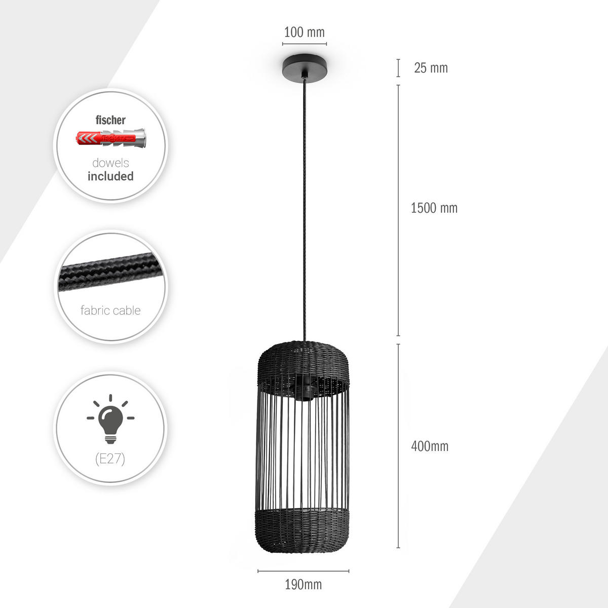 PENDELLEUCHTE Pusta - Schwarz, Metall (19/19/40.4cm) - Paco Home