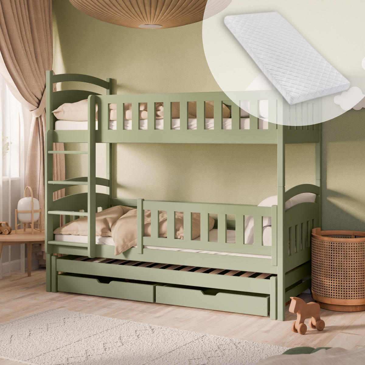 ETAGENBETT 90x200 cm mit Ausziehbett, zwei Schubladen & drei Matratzen in Olivgrün - Olivgrün, Holzwerkstoff (90/200cm) - Kids Collective
