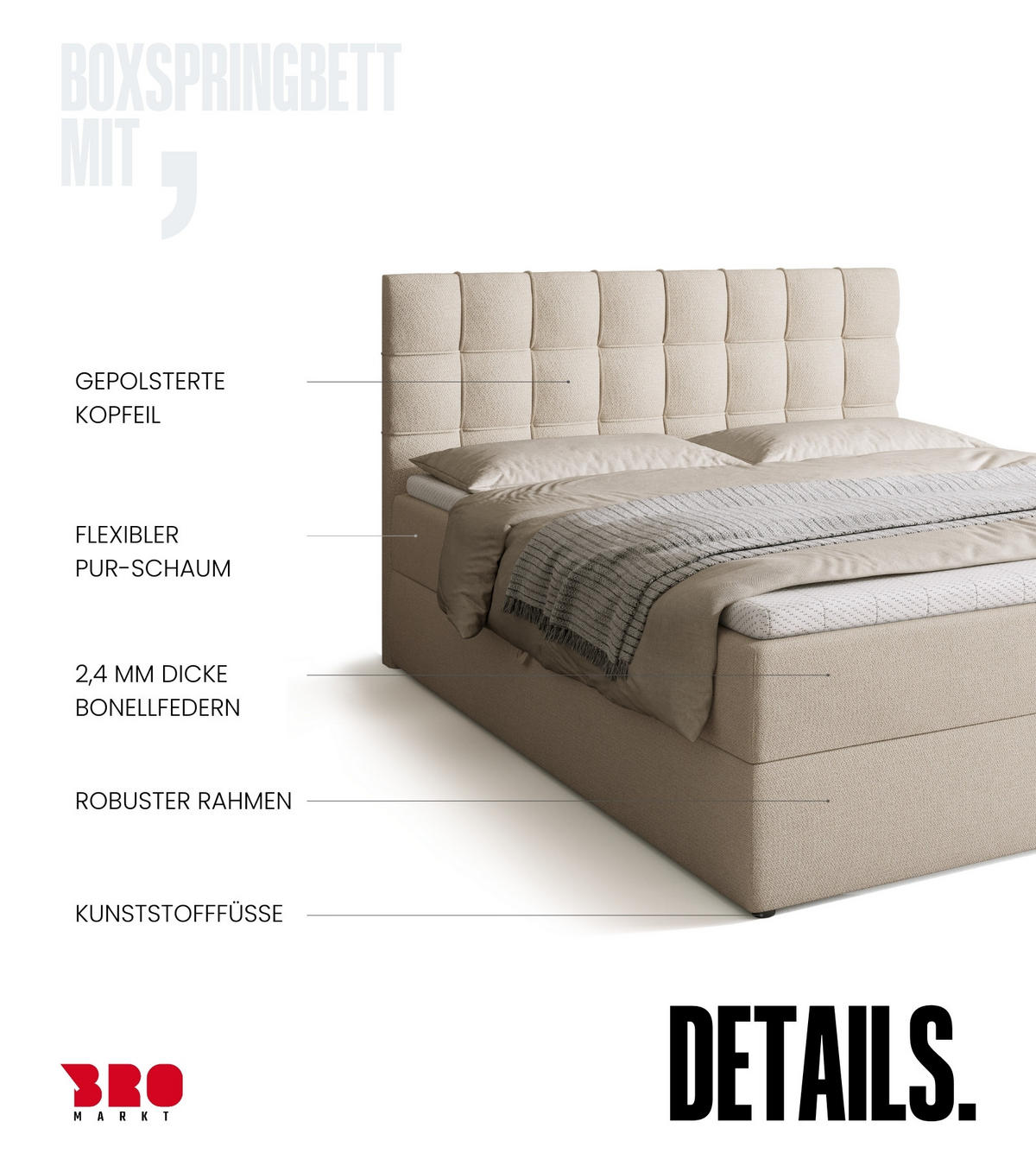 BOXBETT Detroit mit Topper 160/200 Ecru - Ecru, Holzwerkstoff/Textil (160/200cm) - Bromarkt