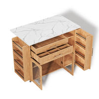 KÜCHENINSEL 138/70/90 cm mit klappbarer Arbeitsplatte, Glastüren und 5 Rollen aus MDF, Natur - Naturfarben, Holzwerkstoff (138/90/70cm) - Redom