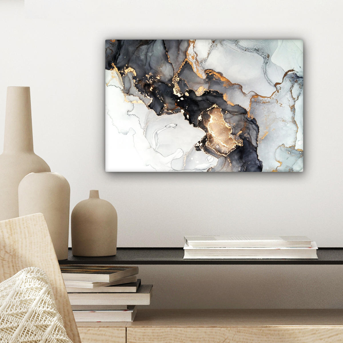 LEINWANDBILD Marmor - Schwarz - Weiß - Gold - Luxus - Abstrakt Deko Schlafzimmer 30x20 cm - Goldfarben, Textil (30/20cm) - MuchoWow
