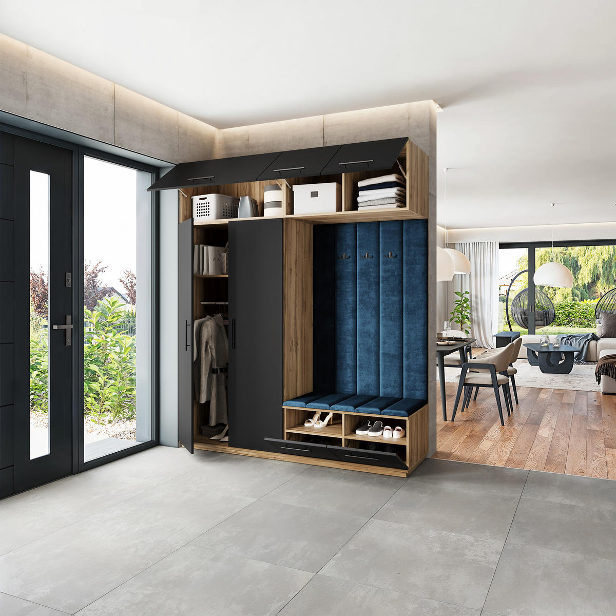 GARDEROBENSCHRANK REMA 200/240/60 cm Modern Garderobe-Set Eiche Wotan - Blau/Eiche Wotan, Holzwerkstoff (200/240/60cm) - MASSENO