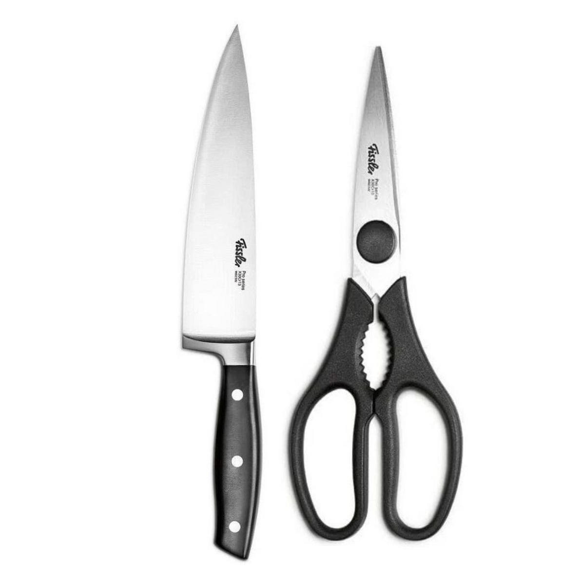 KÜCHENMESSER SET 2-tlg Schwarz, Kochmesser 190 mm, Küchenschere, Edelstahl, Schneidemesser, Küchenzubehör, Profi Messer, Klingenstahl, Kochbedarf - Silberfarben/Schwarz, Kunststoff/Metall - Fissler
