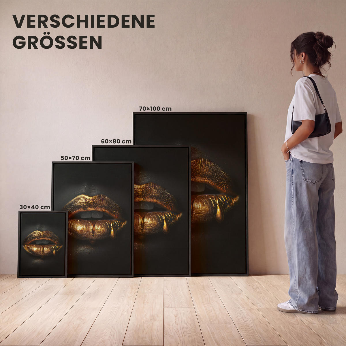 LEINWAND Bilder mit Rahmen - Frau - Porträt - Lippen - Gold - Schwarz - 30x40 - Schwarz, Textil (30/40cm) - MuchoWow