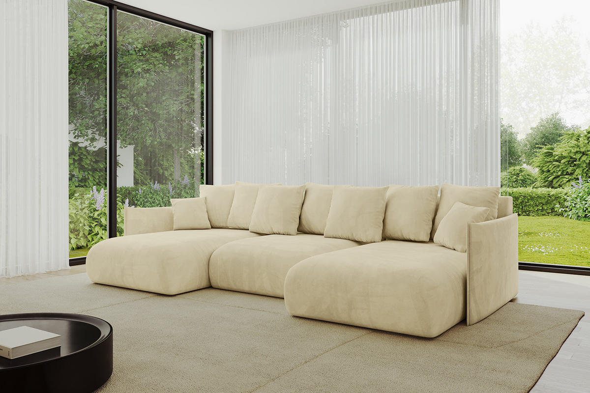 WOHNLANDSCHAFT mit Schlaffunktion und Bettkasten ONESK-U 317x177x72 Beige Velours - Taupe, Holzwerkstoff/Kunststoff (317/72/177cm) - ALTDECOR