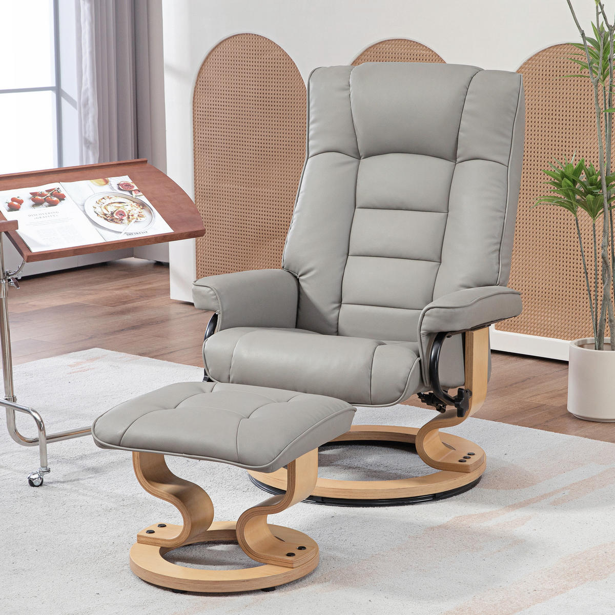 RELAXSESSEL mit Hocker, Drehbar Fernsehsessel mit Liegefunktion Kunstleder, Grau - Grau, Leder (85/104/76cm) - HOMCOM