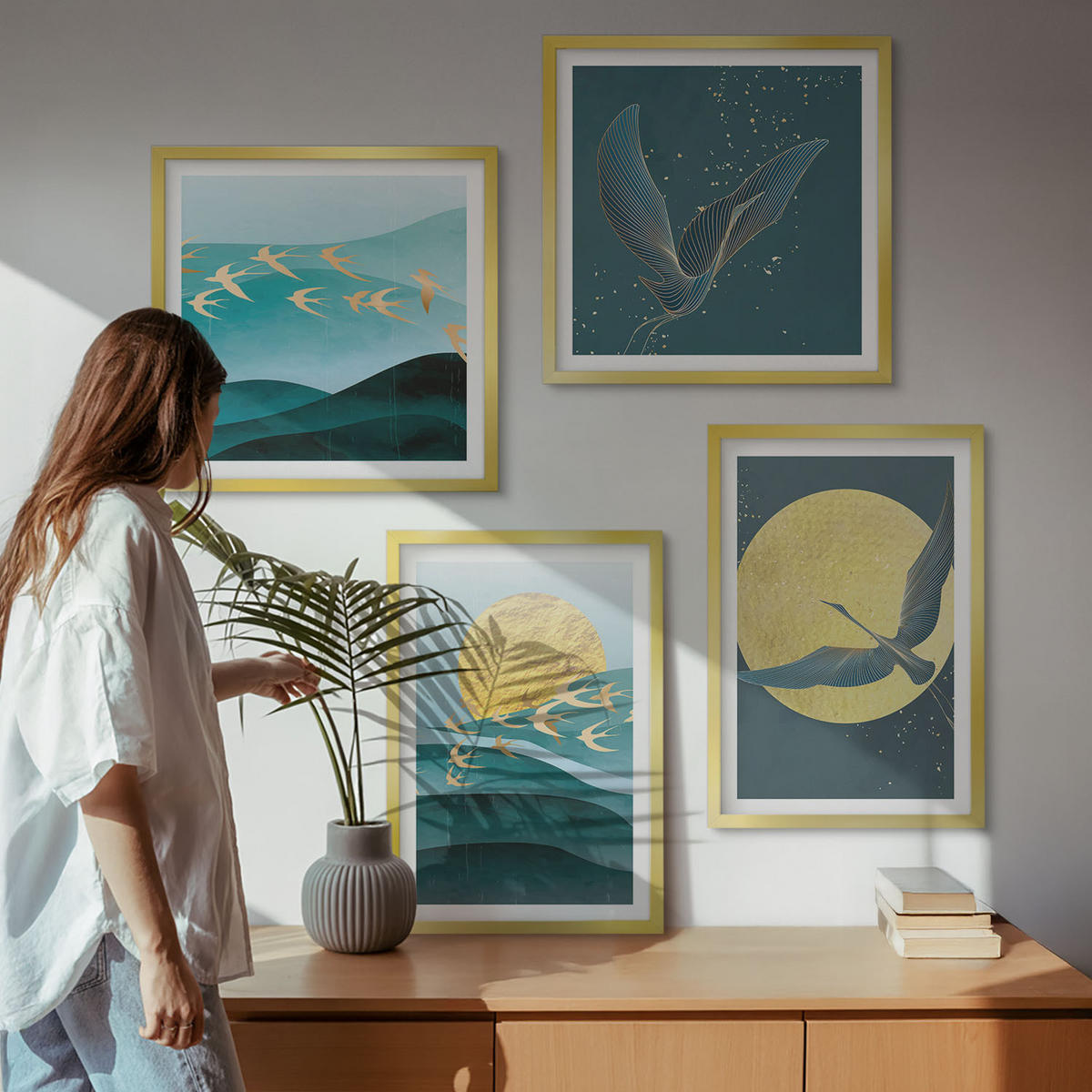 WANDBILDER 4er Set - 50x50 cm & 40x60 cm Goldrahmen - Stilvolle Landschaften mit Vögeln - Goldfarben, Kunststoff (50/50cm) - ArtPrintCave