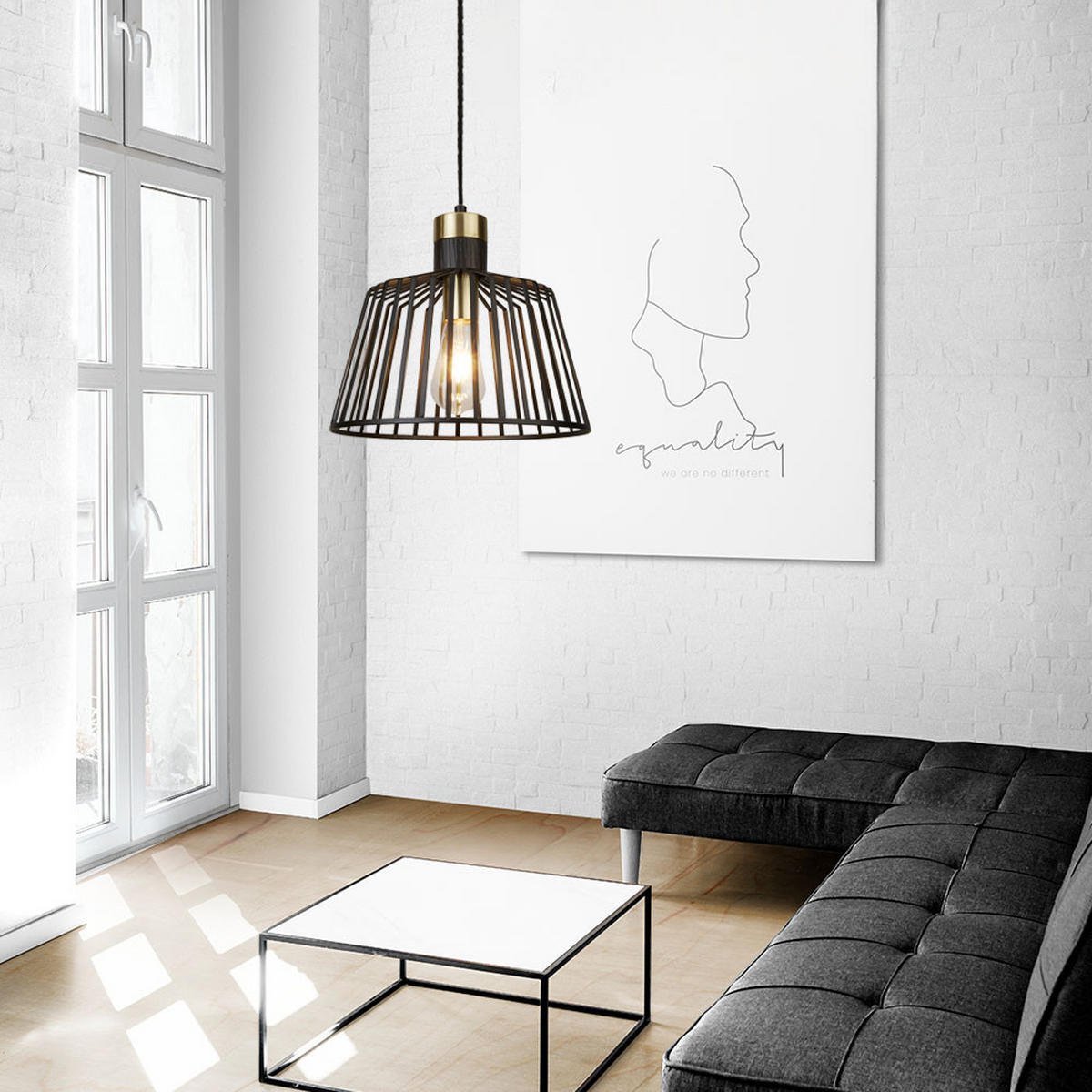 PENDELLEUCHTE Käfig Design Schwarz Gold - Schwarz, Metall (30/30/154cm) - SearchLight