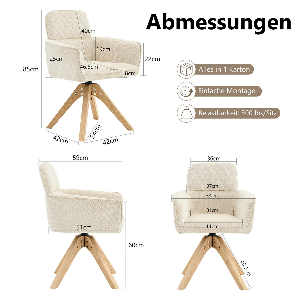 ARMLEHNSTUHL-SET DE-36622 2 Stück mit Stoffbezug und Massivholzbeinen Creme - Creme, Holz (51/85/53cm) - ComfortXL