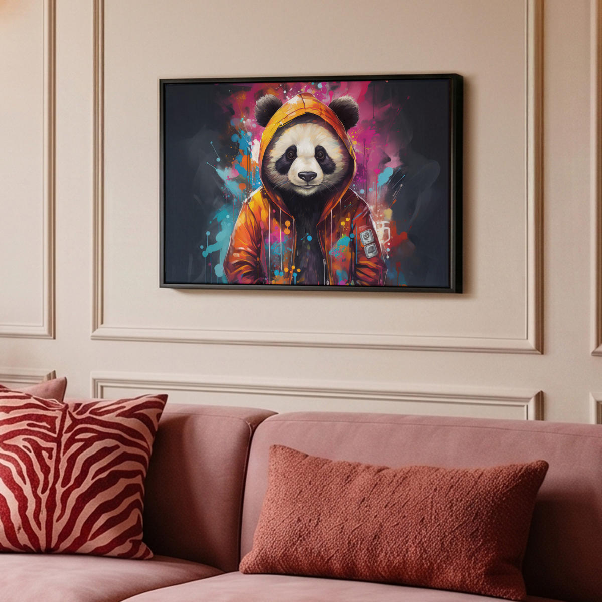 LEINWAND Bilder mit Rahmen - Panda - Jacke - Graffiti - Orange - 60x40 - Orange, Textil (60/40cm) - MuchoWow