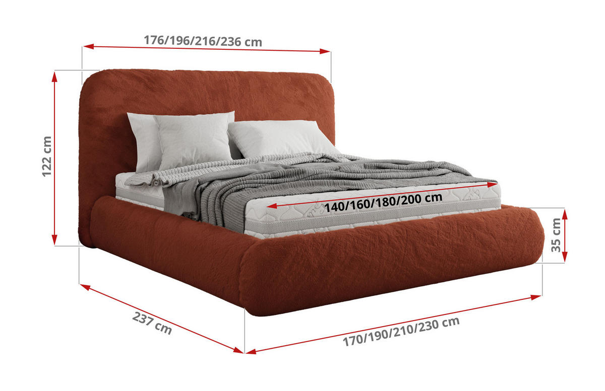 POLSTERBETT BENEA CLASSIC 180/200 - Orange Plüsch - Pocket-Matratze - Orange, Textil (180/200cm) - MKS