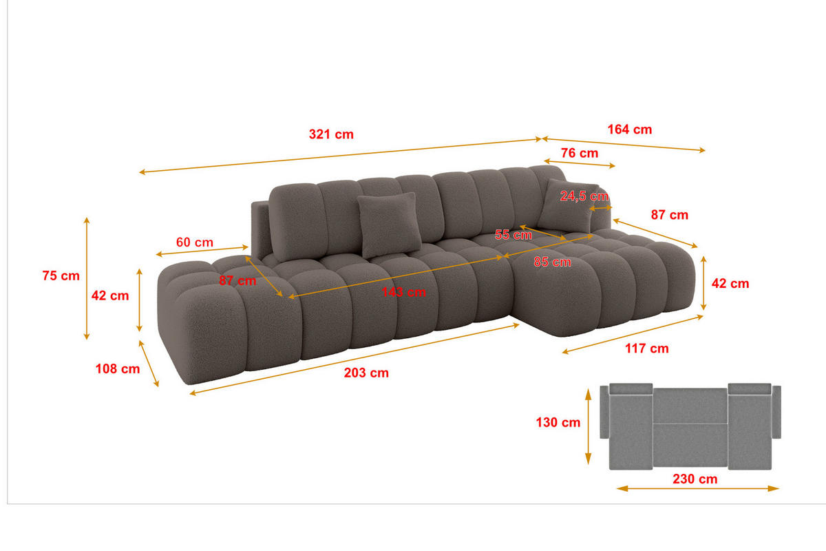 ECKSOFA mit Schlaffunktion Ottomane RECHTS OLEA-L2 321x164x75 Braun Bouclé - Schwarz/Braun, Holzwerkstoff/Kunststoff (164/321cm) - ALTDECOR