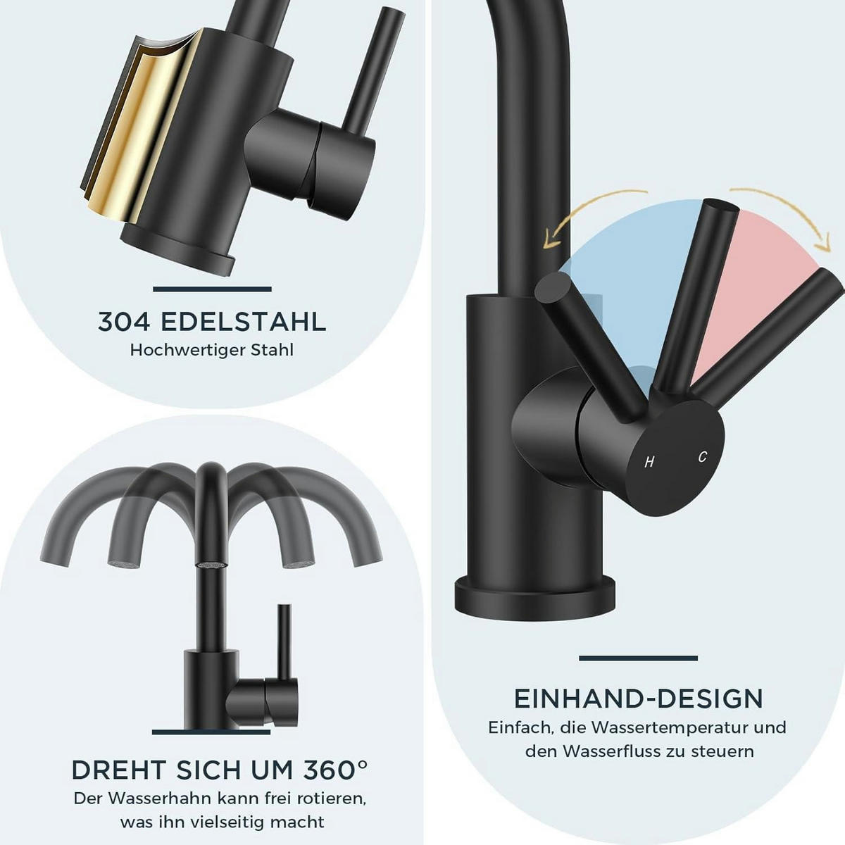 WASCHTISCHARMATUR Schwarz 360° drehbar mit Einhandgriff - Schwarz, Metall (6.9/12.7/25cm)
