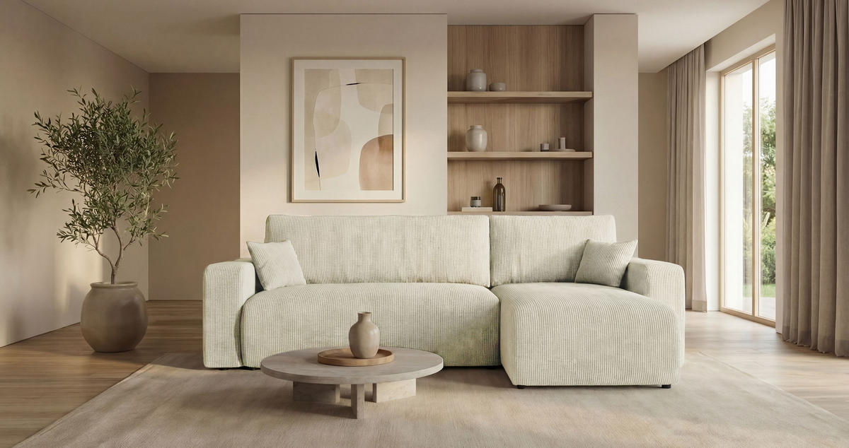 ECKSOFA PARIS rechts weiß Cord Poso 100 - Schlaffunktion, Bettkasten - Weiß, Textil (255/149cm) - Cornero