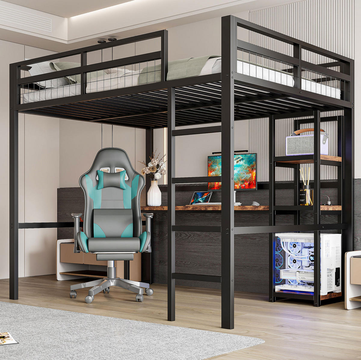 HOCHBETT 140/200 cm mit Schreibtisch, Regalen, Steckdose, USB-C und Leiter, Metallrahmen, Schwarz - Schwarz, Metall (140/200cm) - Redom