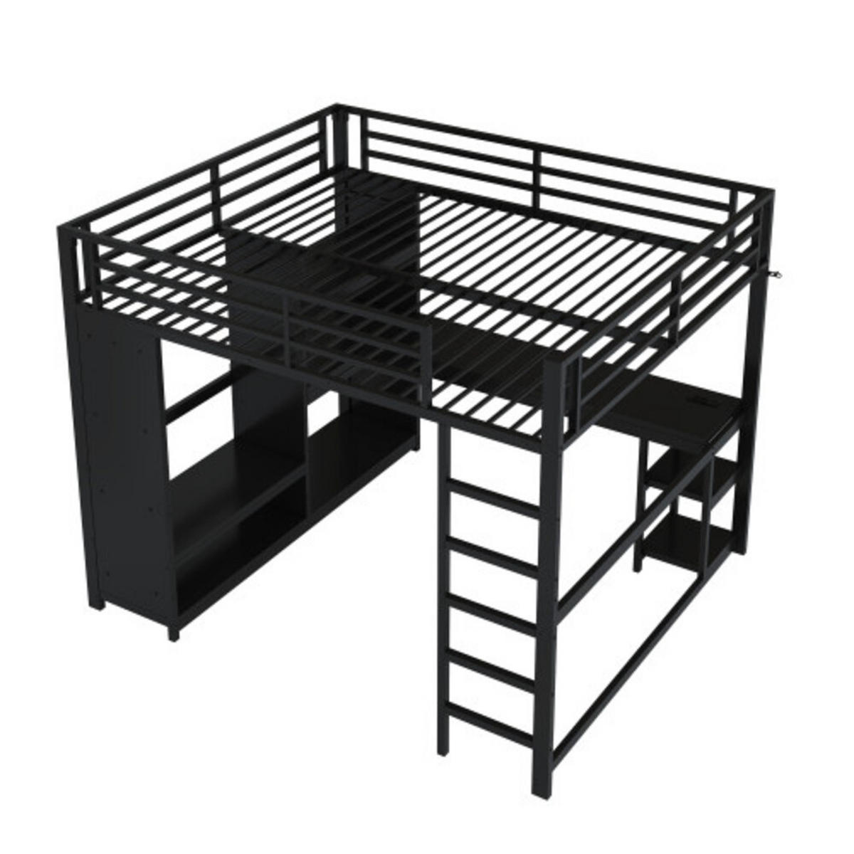 HOCHBETT 160x200 cm mit Schreibtisch, Kleiderschrank und LED-Beleuchtung, Ladestation, metall, schwarz - Schwarz, Metall (160/200cm) - Luhomfu