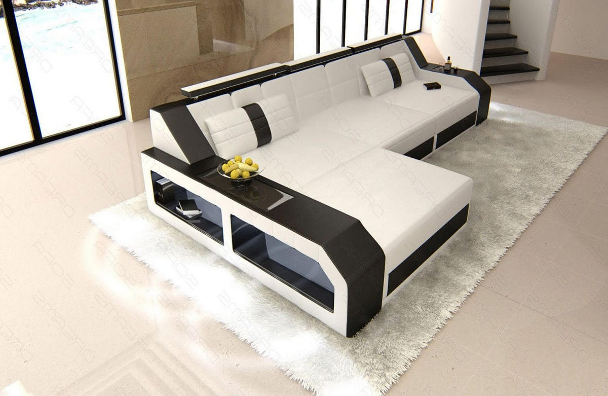 COUCH Arezzo L Weiß Schwarz Echtleder - Weiß, Leder (308/194cm)