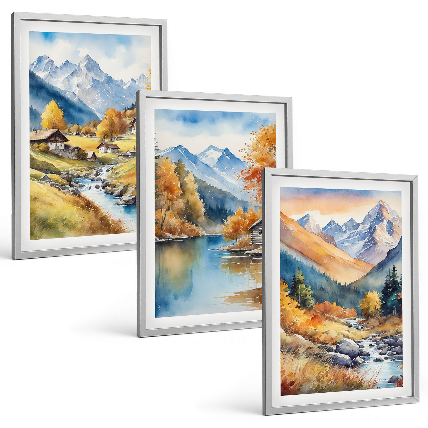 BILDER SET 3er Set - 40x60 cm Silberner Rahmen - Herbstliche Berge, Flusshäuser - Silberfarben, Kunststoff (40/60cm) - TULUP