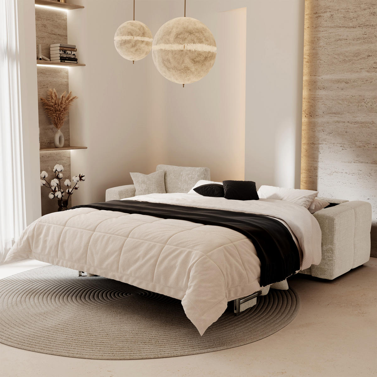 SCHLAFSOFA Express VIBE Geprägter Samt Creme 286cm - Creme, Textil (286/165cm) - Premium Interiors
