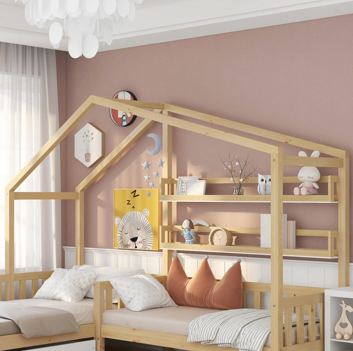 HAUSBETT 90/200 cm mit Seitenliege 140/70 cm, Schublade und Regalen, Natur - Naturfarben, Holz (90/200cm) - Flora Grace