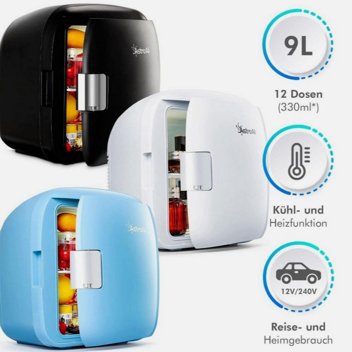 MINIKÜHLSCHRANK 9L Schwarz 2in1 Kühlfunktion Heizfunktion - Schwarz, Kunststoff (24/34/27cm) - Astro